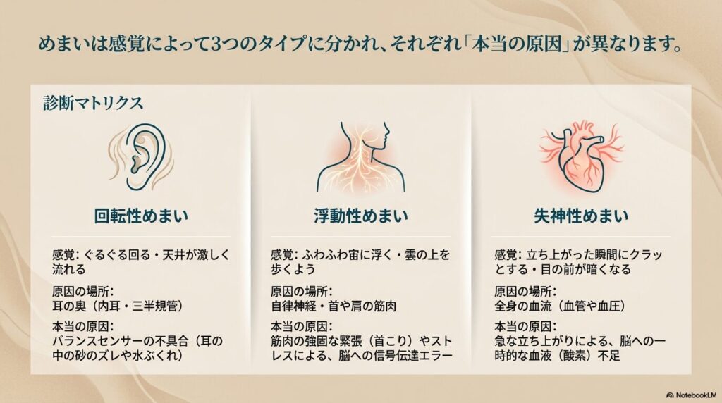 たけうち整体院｜①はじめに：めまいのタイプによって原因は全く違うのイメージ