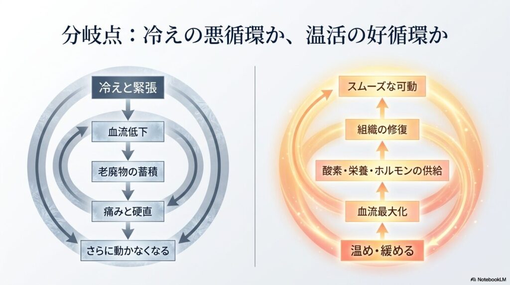 たけうち整体院|膝の健康は、単なる関節の問題ではなく、身体の芯の温度(内臓温度)や、それをコントのイメージ