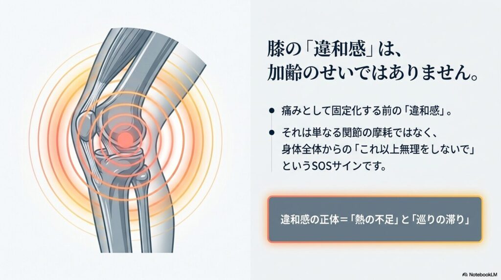 たけうち整体院|膝(ひざ)の未来を守る「温熱・循環」アプローチのイメージ