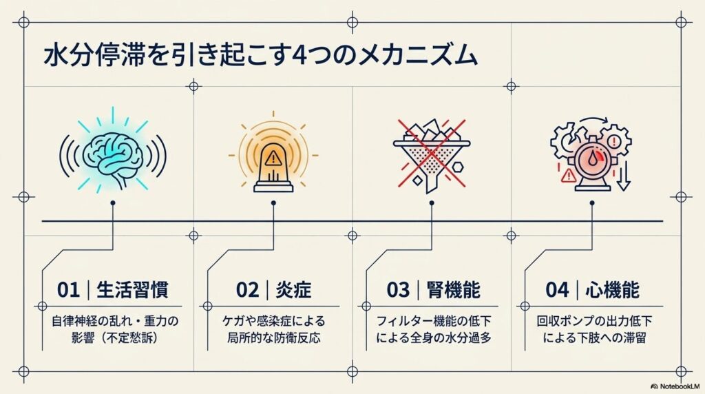 たけうち整体院|手足のむくみ(浮腫の不定愁訴)を引き起こす4つの主な背景のイメージ
