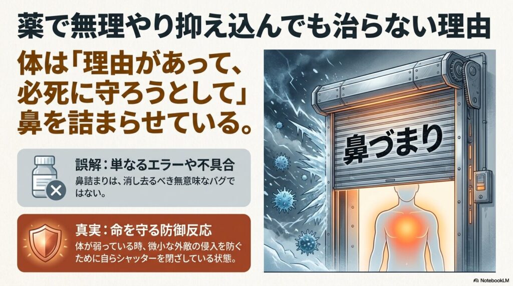 たけうち整体院|「なぜ鼻が詰まるのか」を防御反応から紐解くのイメージ