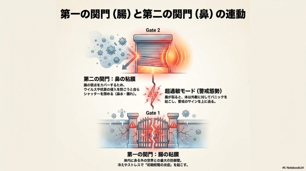 たけうち整体院|腸の炎症と「鼻粘膜の連動」のイメージ