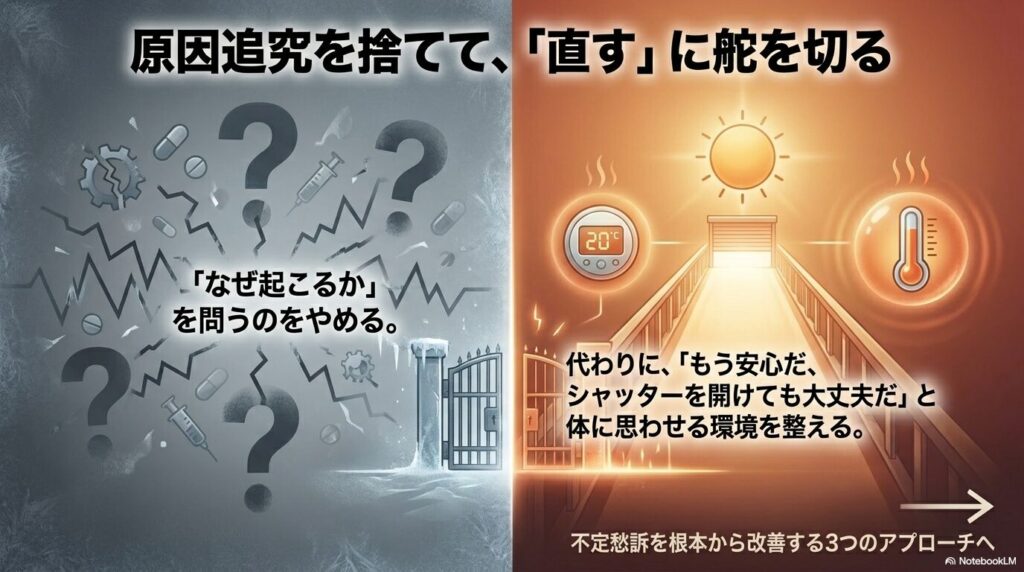 たけうち整体院|原因追究を捨てて「直す」に舵を切る:不定愁訴の改善アプローチのイメージ