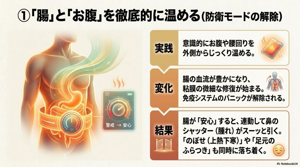 たけうち整体院|① 「腸」と「お腹」を徹底的に温める(防衛モードの解除)のイメージ