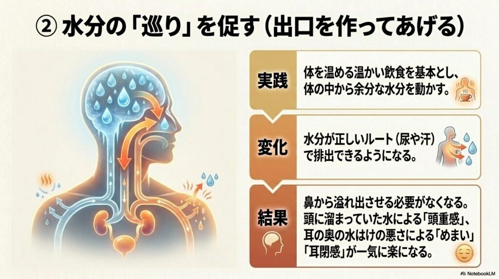 たけうち整体院|② 水分の「巡り」を促す(出口を作ってあげる)のイメージ