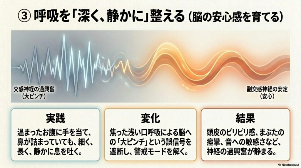 たけうち整体院|③ 呼吸を「深く、静かに」整える(脳の安心感を育てる)のイメージ